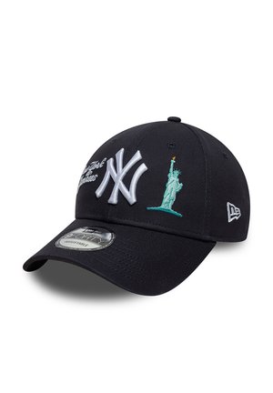 Cappellino da baseball nero con logo bianco dei New York Yankees, ricamo verde della Statua della Libertà e visiera curva regolabile.