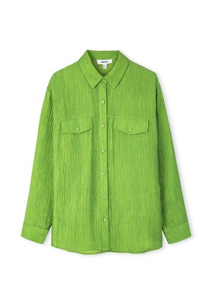 Groene overhemd met knoopsluiting en een gestructureerd oppervlak, twee voorkruiden, een puntige kraag en lange mouwen. Voorzien van bijpassende knopen.