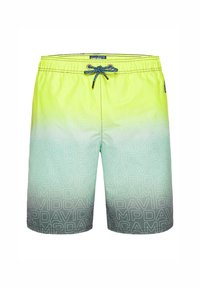 Șorturi de înot neon galben-verde, cu un gradient care trece în turcoaz, având un imprimeu cu logo pe întreaga suprafață, talie cu șnur și o textură netedă.