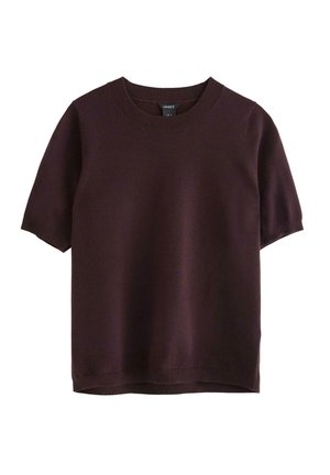 Kortærmet bordeaux sweater med rund halsudskæring, ribbede manchetter og bund, lavet af blødt stof med en glat overflade. Ingen mønstre eller detaljer.