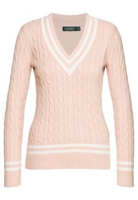 Vaaleanpunainen, palmikkoneuleinen V-kauluksinen pusero, jossa valkoiset raidat kauluksessa ja hihansuut. Ribbikuosisena, kapealinjainen malli.