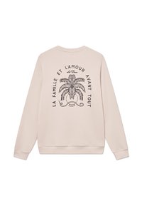 Felpa beige con scollo tondo e maniche lunghe. Presenta una grafica di palma e testo in francese sul retro. Tessuto morbido.