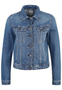 Veste en jean bleu clair avec col classique, fermeture boutonnée, deux poches poitrine et surpiqûres contrastées. Présente une coupe courte.