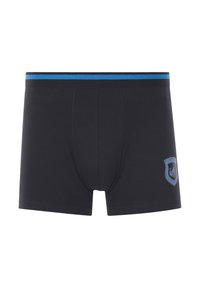 Black boxer briefs with a blue waistband. Features a front pouch and a logo in blue, stitched in a shield shape on the left side.