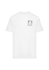 Weißes Baumwoll-T-Shirt mit einem bedruckten Cartoon-Kater, der blaue Kopfhörer trägt, umgeben von musikalischen Noten und einem kleinen Textdetail. Kurze Ärmel, Rundhalsausschnitt.