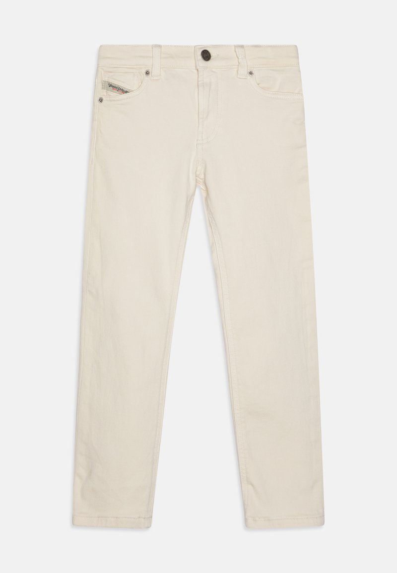 Ανοιχτό μπεζ τζιν παντελόνι με ίσια γραμμή, που διαθέτει πέντε τσέπες, κλείσιμο με κουμπί και μια διακριτική ετικέτα μάρκας στη μπροστινή τσέπη.