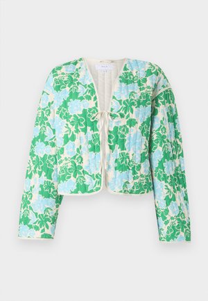 Quilted jacket in green with blue floral pattern, featuring a tie closure and wide sleeves. Lightweight fabric with contrasting cream trim.