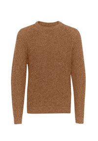 Brązowy sweter z dzianiny z okrągłym dekoltem, długimi rękawami i fakturowanym wzorem. Żebrowane mankiety i dół, miękki materiał, luźny krój.