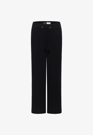 Schwarze, weit geschnittene Hose mit elastischem Bund und vorderem Bindeband, aus strukturiertem Stoff.