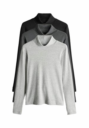 Drei Langarm-Turtlenecks in Schwarz, Dunkelgrau und Hellgrau. Der Stoff wirkt weich und hat eine leicht elastische Textur.