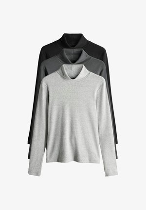 Kolme pikisilma turtleneck'i toppi mustas, tumehallis ja heles hallis. Kanga tekstuur on pehme ja kergelt veniv.