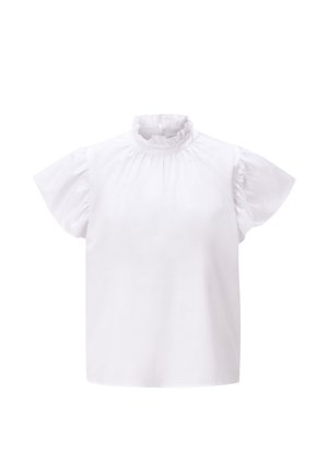 Bijela bluza s kratkim rukavima, visokim ovratnikom s naborima i suptilnim naborima na rukavima i ovratniku.