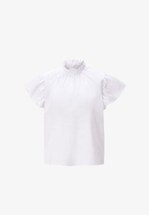 White short-sleeve blouse with ruffled high neckline and subtle gathers on the sleeves and collar.