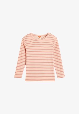 Pitkähihainen paita vaaleanpunaisena, jossa tummanpunaisia vaakaraitoja. Valmistettu ribbikuidusta, jossa on pyöreä kaula-auko ja rento istuvuus.