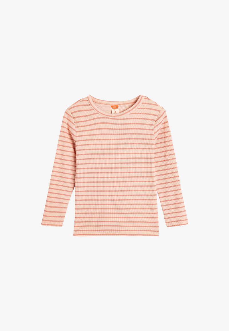Langsleeve top in lichtroze met donkerroze horizontale strepen. Gemaakt van ribbelstof met een ronde halslijn en een ontspannen pasvorm.