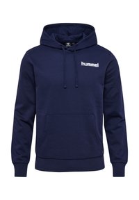 Marinblå hooded sweatshirt med framficka, dragsko för huva och vit logotyp på bröstet. Mjukt tyg med ribbade mudd och nederkant.