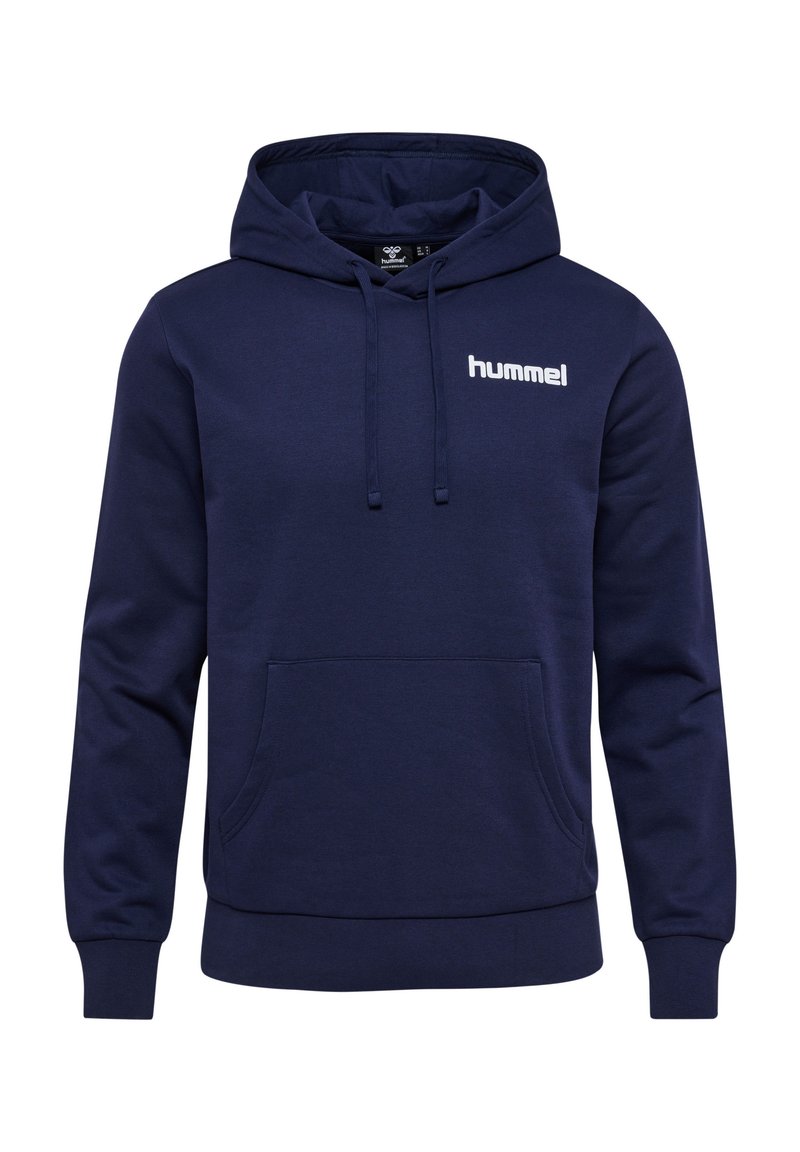 Marinblå hooded sweatshirt med framficka, dragsko för huva och vit logotyp på bröstet. Mjukt tyg med ribbade mudd och nederkant.