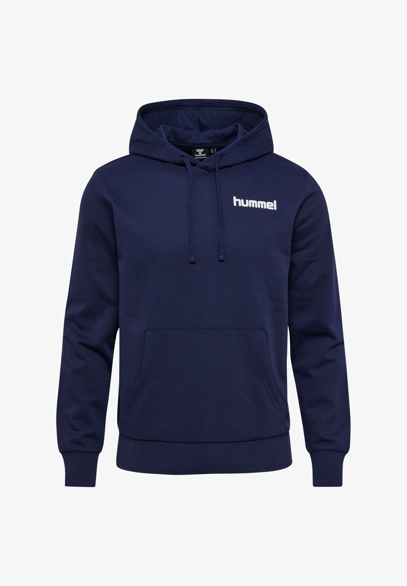 Marinblå hooded sweatshirt med framficka, dragsko för huva och vit logotyp på bröstet. Mjukt tyg med ribbade mudd och nederkant.