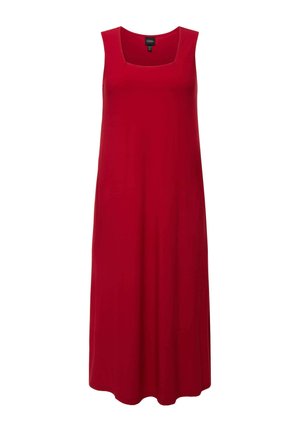 Červené maxi šaty bez rukávů se čtvercovým výstřihem, vyrobené z hladkého, lehkého materiálu, mají volný střih a žádné viditelné ozdoby.