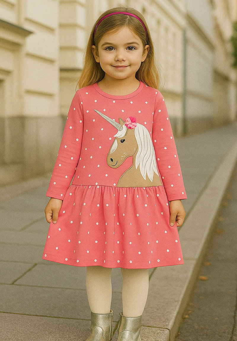 Rosa Polka-Dot-Kleid mit Einhorn-Grafik und Blumenakzent, langen Ärmeln, gerafftem Rock, kombiniert mit weißen Strumpfhosen und silbernen Stiefeln.