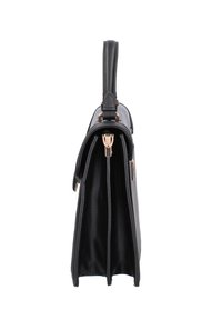 Sac à main en cuir noir avec un design structuré, une poignée supérieure et des accessoires en métal doré. Comprend trois compartiments pour une meilleure organisation.