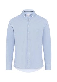 Blauweiß kariertes Hemd zum Knöpfen mit langen Ärmeln, Kragen und aufgesetzter Tasche, hergestellt aus leichtem, strukturiertem Stoff.