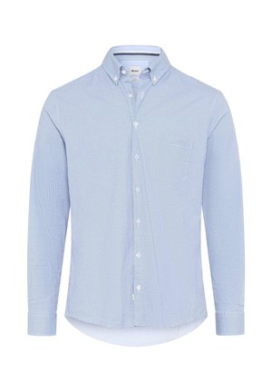 Chemise à manches longues à carreaux bleu et blanc, avec col et poche avant, fabriquée en tissu léger et texturé.