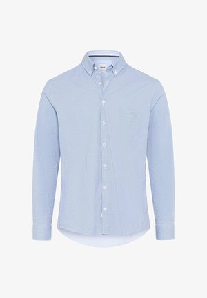 Camicia a quadri blu e bianca con bottoni, maniche lunghe, colletto e tasca frontale, realizzata in tessuto leggero e strutturato.
