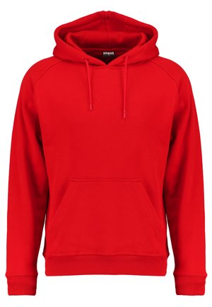 Sudadera roja hecha de tela suave, con un bolsillo delantero, capucha ajustable y puños y dobladillo acanalados. Diseño sencillo sin logotipos visibles.