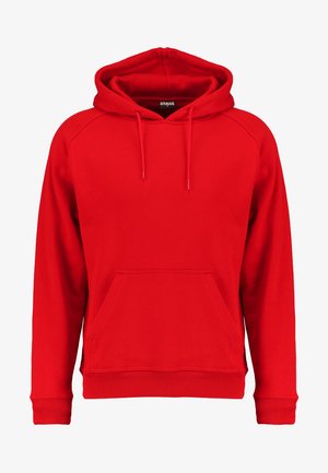 Rode hoodie gemaakt van zachte stof, met een voorzak, trekkoordcapuchon en ribgebreide boorden en onderrand. Eenvoudig ontwerp zonder zichtbare logo's.