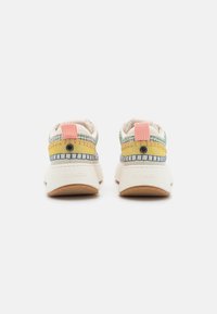 Wielokolorowe sneakersy z białą podeszwą. Cechy to żółta i niebieska wzorzysta cholewka, różowe akcenty oraz teksturowany materiał.