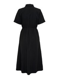 Robe midi noire avec manches courtes, col et taille élastique, vue de dos sur fond blanc.