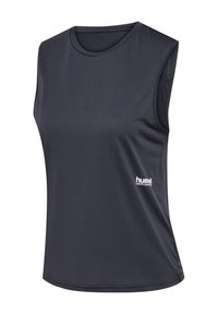 Débardeur de sport gris foncé, en tissu évacuant l'humidité, avec un col rond et un petit logo blanc sur le côté.