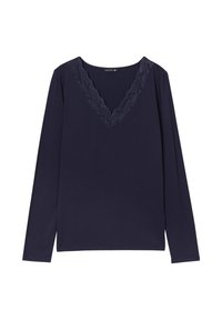 Marineblaues Langarmshirt mit V-Ausschnitt, ausgestattet mit einer dekorativen Spitzenbordüre entlang des Ausschnitts. Schmuses Material mit regulärer Passform.