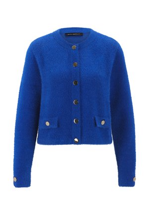 Heller blauer, pelziger Cardigan mit langen Ärmeln, Rundhalsausschnitt, sechs goldenen Knöpfen vorne und zwei kleinen Taschenklappen mit Knöpfen.