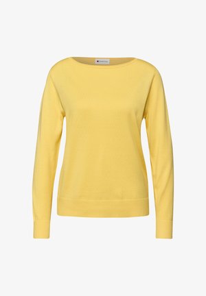Yellow cotton sweater with a round neck, long sleeves, and ribbed hem. Smooth texture with minimal detailing and a logo tag inside the collar.