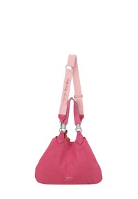 Sac à épaule en toile rose avec une texture douce, présentant une forme arrondie et une bandoulière réglable avec des détails imprimés Hello Kitty.