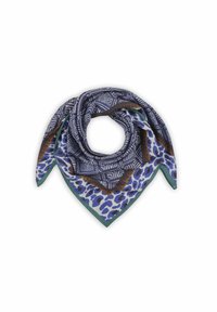 Écharpe colorée avec un motif géométrique bleu et crème, bordée d'un liseré vert et rehaussée d'un design à imprimé léopard.