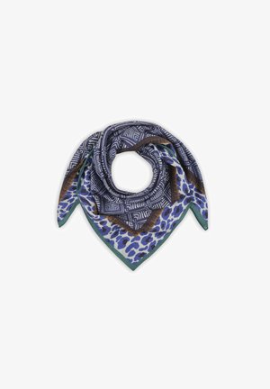 Écharpe colorée avec un motif géométrique bleu et crème, bordée d'un liseré vert et rehaussée d'un design à imprimé léopard.