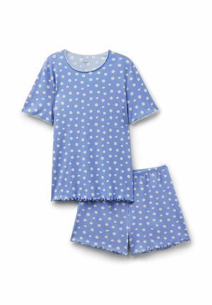 Conjunto de pijama azul de manga corta con estampado de margaritas blancas y amarillas, que incluye una camiseta de cuello redondo y pantalones cortos con cintura elástica.