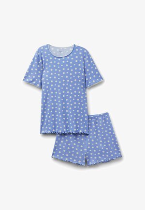 Niebieski zestaw piżamowy z krótkim rękawem, zdobiony nadrukiem białych i żółtych stokrotek, składający się z góry z okrągłym dekoltem oraz spodenek z elastycznym pasem.