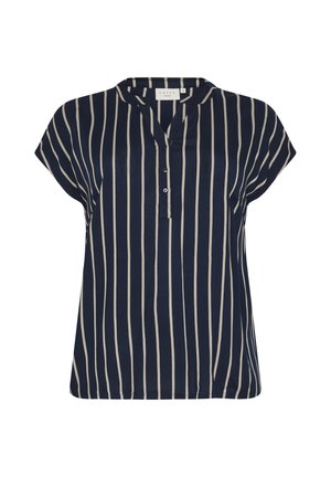 Marineblaue Bluse mit cremefarbenen vertikalen Streifen, kurzen Ärmeln, kragenlosem Design, einer Dreiknopfleiste und weichem, glattem Stoff.