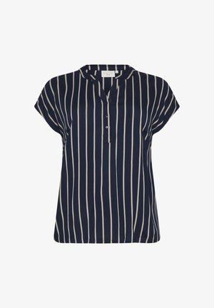 Jūrinė bluzonė su kremine vertikalių juostelių raštu, trumpomis rankovėmis, be apykaklės, trijų mygtukų užtrauktuku ir minkšta, lygi audinio tekstūra.