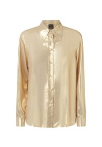 Zlatna metalik košulja dugih rukava s oštrim ovratnikom, prednjim zatvaranjem na gumbe i dugmadima na manžetama; glatka tekstura s blagim sjajem.