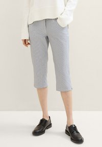 Hellblaue und weiße gestreifte, taillierte Hose aus Baumwollmischgewebe, mit einem Reißverschluss vorne, Taschen und umgeschlagenen Säumen. Kombiniert mit schwarzen Schuhen.