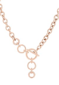 Rosaguld halskæde med sammenkoblede cirkulære kædeled, der har en toggle-lås og tre forskellige cirkulære accenter.