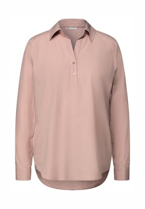 Pale pink long-sleeve shirt with a collared neckline, button placket, and a slightly curved hem. Soft fabric with a smooth texture.