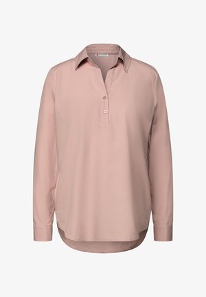 Lichtroze langemouwen shirt met een kraag, een knoopsluiting en een licht gebogen zoom. Zachte stof met een gladde textuur.