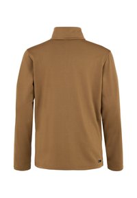 Bruine lange mouwen pullover met hoge kraag. Glad textuur en rekbaar materiaal, zonder zichtbare patronen of versieringen.