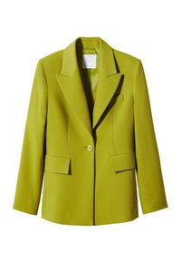 Blazer verde lima con solapa muesca, cierre de un solo botón y dos bolsillos frontales. Tejido liso y estructurado con un corte entallado.